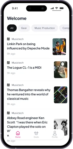 Iphone showing the app main page, with tabs such as gear and music production, a list of articles, and a toolbar with "home", "deals" "profile"